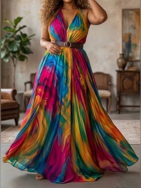 Vibrant Multicolor Halter Maxi Dress